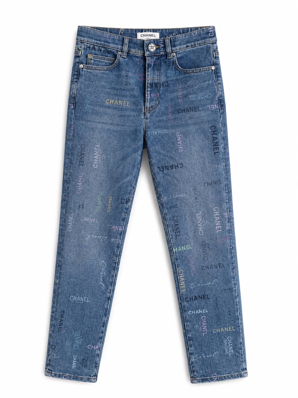 CHANEL Blue Slim Straight Jeans with Multicolor Logo Print